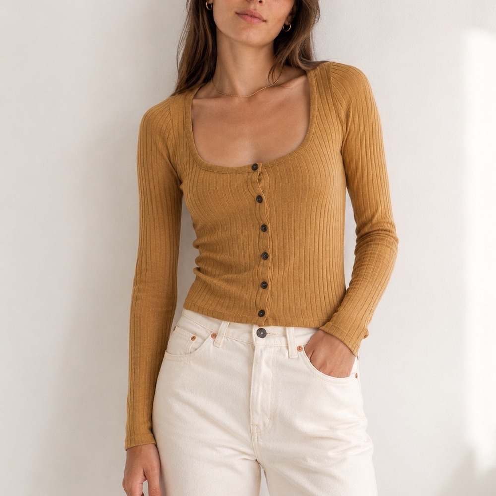 Madewell Ribbed Cardigan Crop Tee Womens XXS Toffee Long Sleeve Buttoned Top
